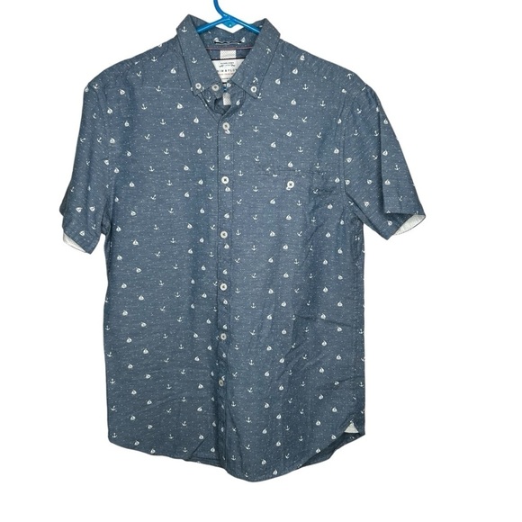 Denim & Flower Men’s Anchor Button Down Shirt Size Medium Blue S/S Slim Fit - Picture 1 of 4